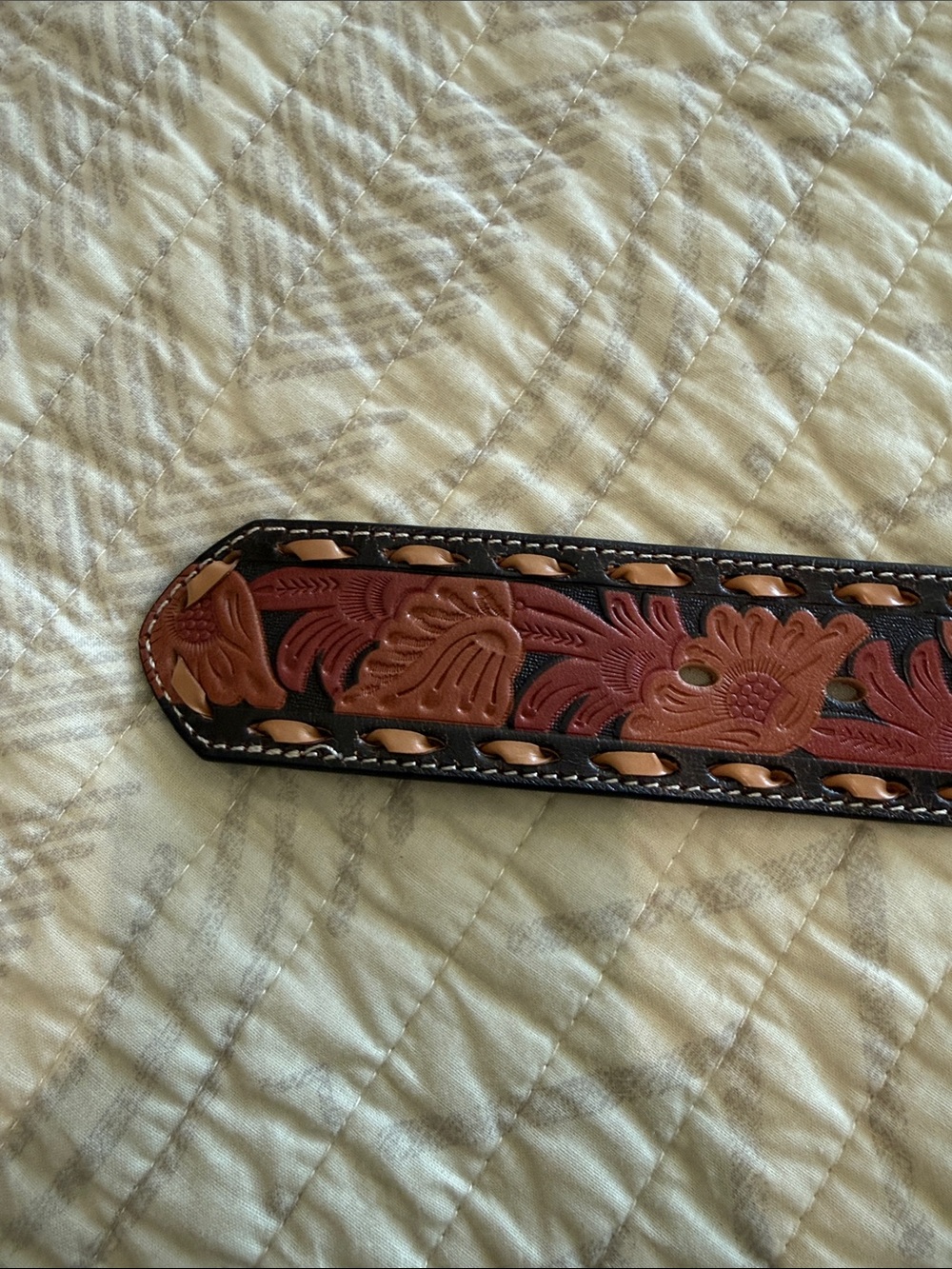 Roper Brown and Black Tooled Floral Leather Belt with Round Metal Buckle - Picture 3 of 9